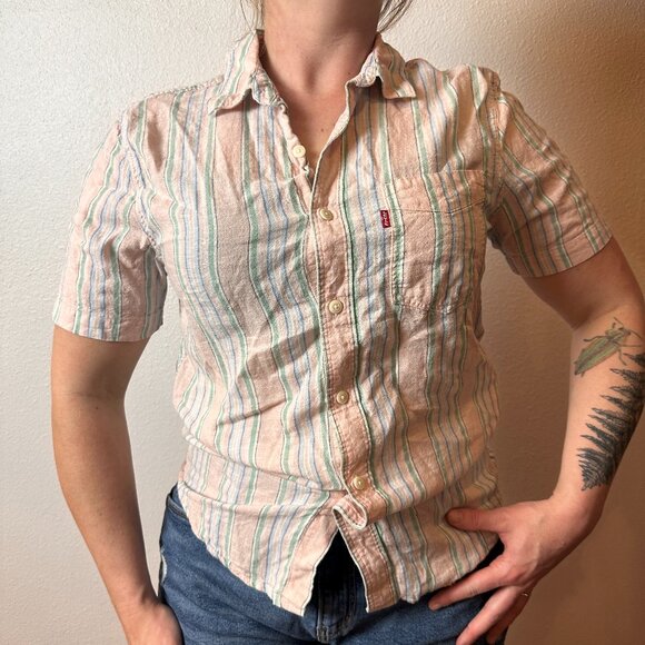 Levi’s Collard Stripped Button Down Pink Pastel Short Sleeve Size Small - Picture 1 of 5